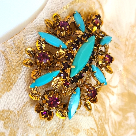 Vintage AUSTRIA Turquoise Rhinestone Brooch Purple Crystal Pin Ornate Antique - Picture 15 of 16